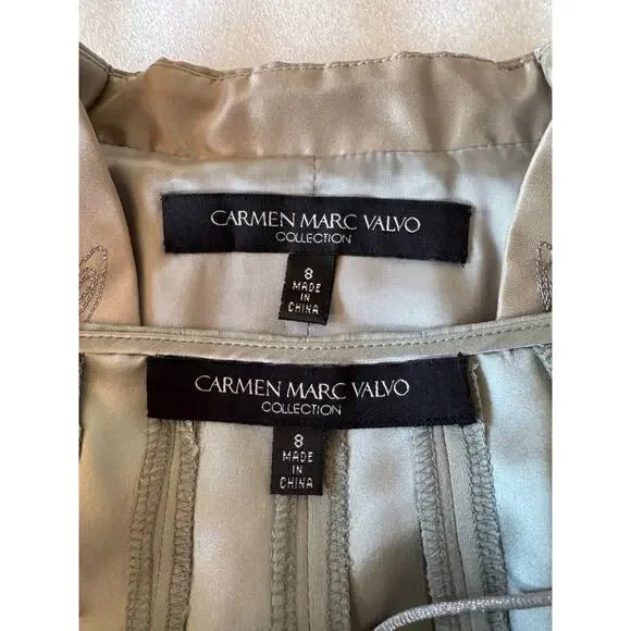 Carmen Marc Valvo Skirt Suit Sz 8 Blazer Set Jacket Silk Womens Dusty Blue Green - Picture 5 of 15